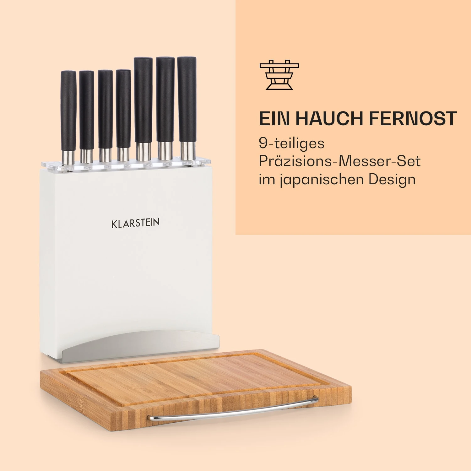 Kitano Plus Messer-Set 9 Tlg. Holzblock Bambus-Schneidebrett Weiß 5 Kitano Plus Messer-Set 9 Tlg. Holzblock Bambus-Schneidebrett Weiß – Bild 3