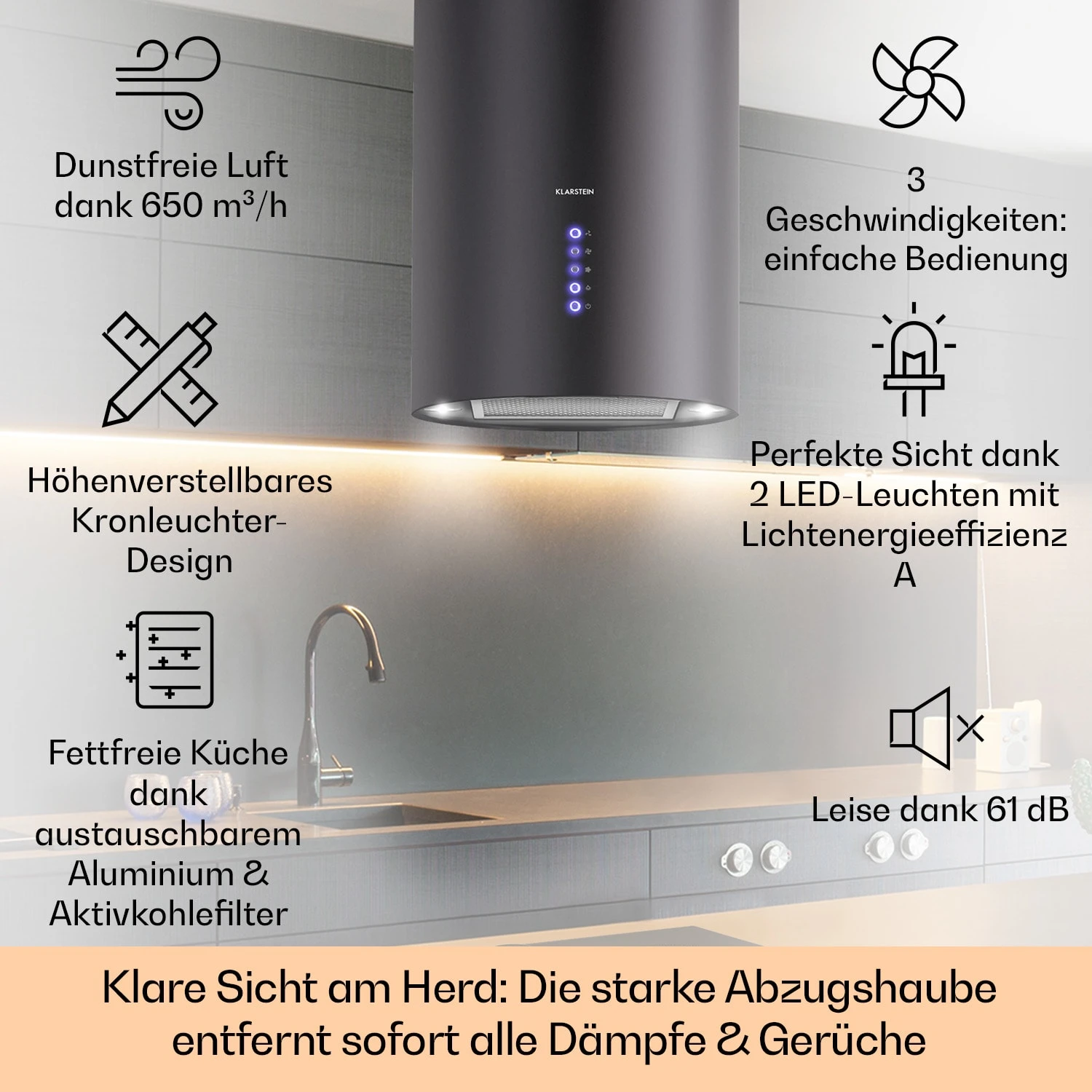 Beretta Inselabzugshaube Ø35cm 650m³/h LED Inkl. Aktivkohlefilter 4 Beretta Inselabzugshaube Ø35cm 650m³/h LED Inkl. Aktivkohlefilter – Bild 2