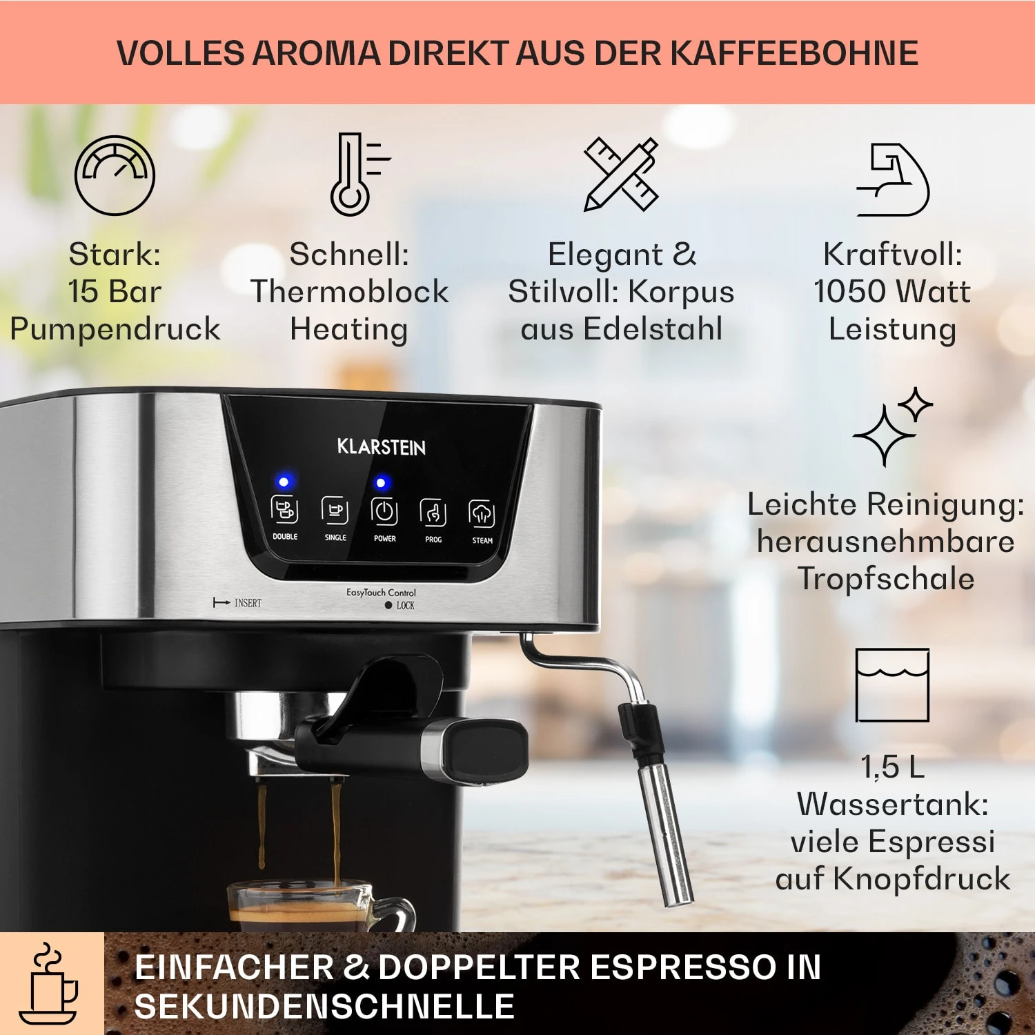 Arabica Espressomaschine 1050W 15 Bar 1,5l Touch-Bedienfeld Edelstahl 4 Arabica Espressomaschine 1050W 15 Bar 1,5l Touch-Bedienfeld Edelstahl – Bild 2