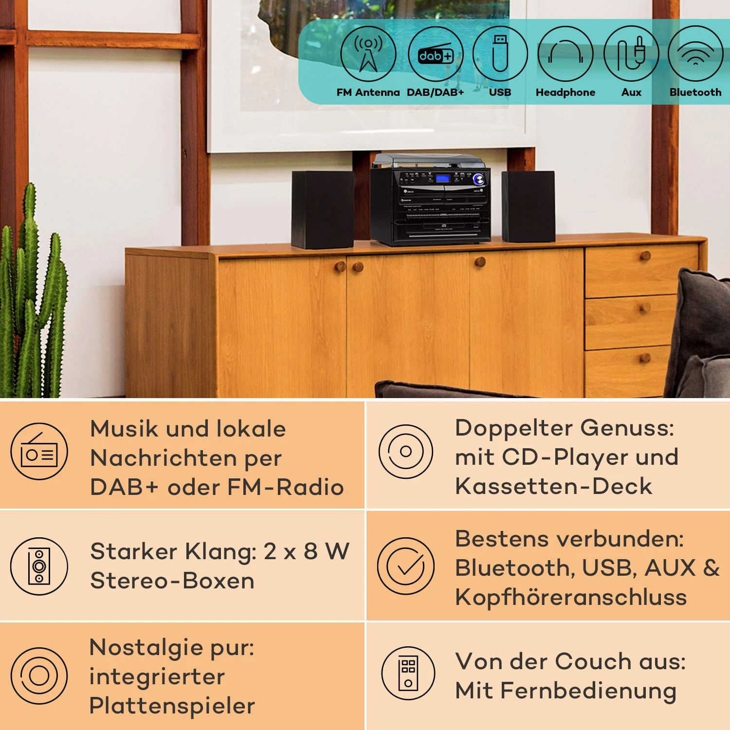 388-DAB+ Stereoanlage 20W Max. Vinyl CD Kassette BT FM/DAB+ USB 4 388-DAB+ Stereoanlage 20W Max. Vinyl CD Kassette BT FM/DAB+ USB – Bild 2