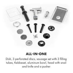 Mett Max Elektrischer Fleischwolf 600W Kupfermotor Aluminium 15 Mett Max Elektrischer Fleischwolf 600W Kupfermotor Aluminium -Haushaltsgeräte Store 10034244 yy 0006 logo Klarstein Mett Max elektrischer Fleischwolf grau