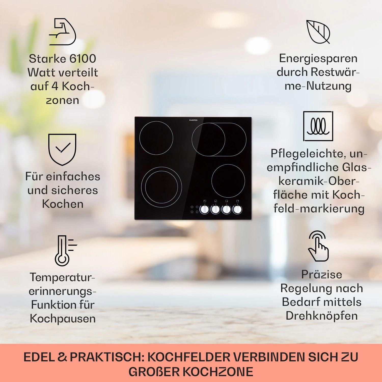 EasyCook Keramikkochfeld 6100W Drehregler Schwarz 4 EasyCook Keramikkochfeld 6100W Drehregler Schwarz – Bild 2
