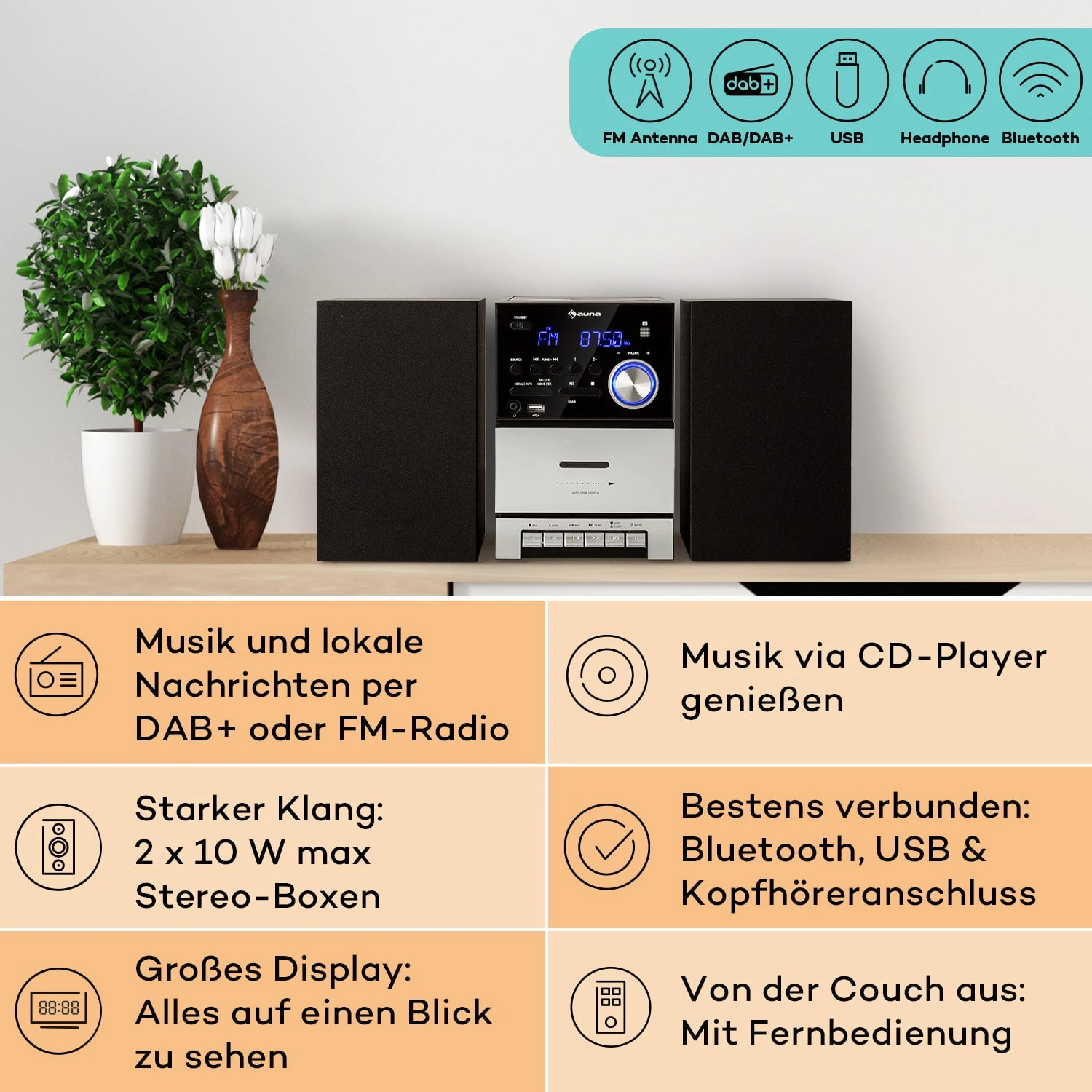MC-40 DAB Stereoanlage UKW/DAB+ Bluetooth CD Kassette USB Fernbedienung 4 MC-40 DAB Stereoanlage UKW/DAB+ Bluetooth CD Kassette USB Fernbedienung – Bild 2