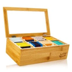 Teebox 8 Fächer 120 Teebeutel Kunststoff-Sichtfenster Bambus