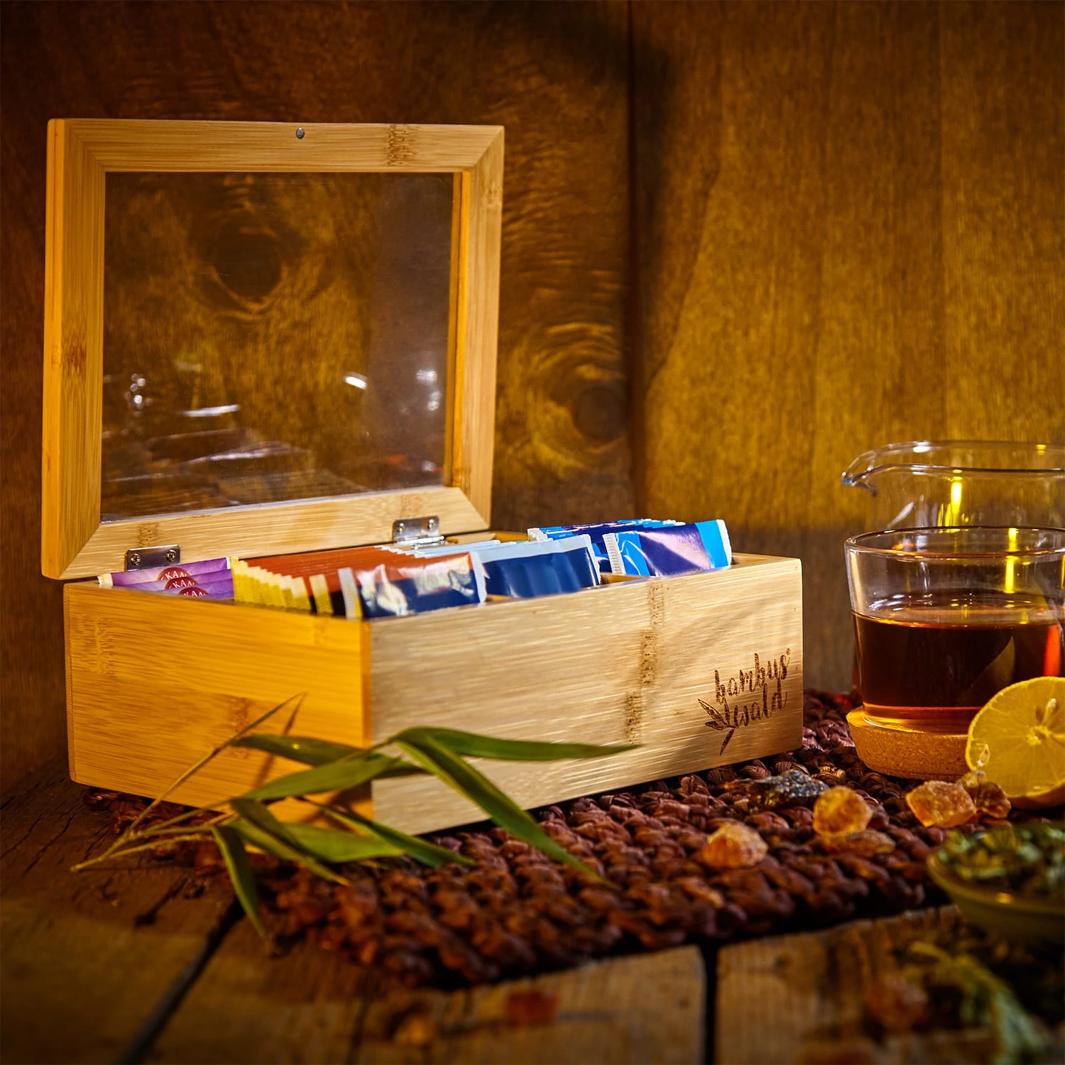 Teebox 8 Fächer 120 Teebeutel Kunststoff-Sichtfenster Bambus 5 Teebox 8 Fächer 120 Teebeutel Kunststoff-Sichtfenster Bambus – Bild 3