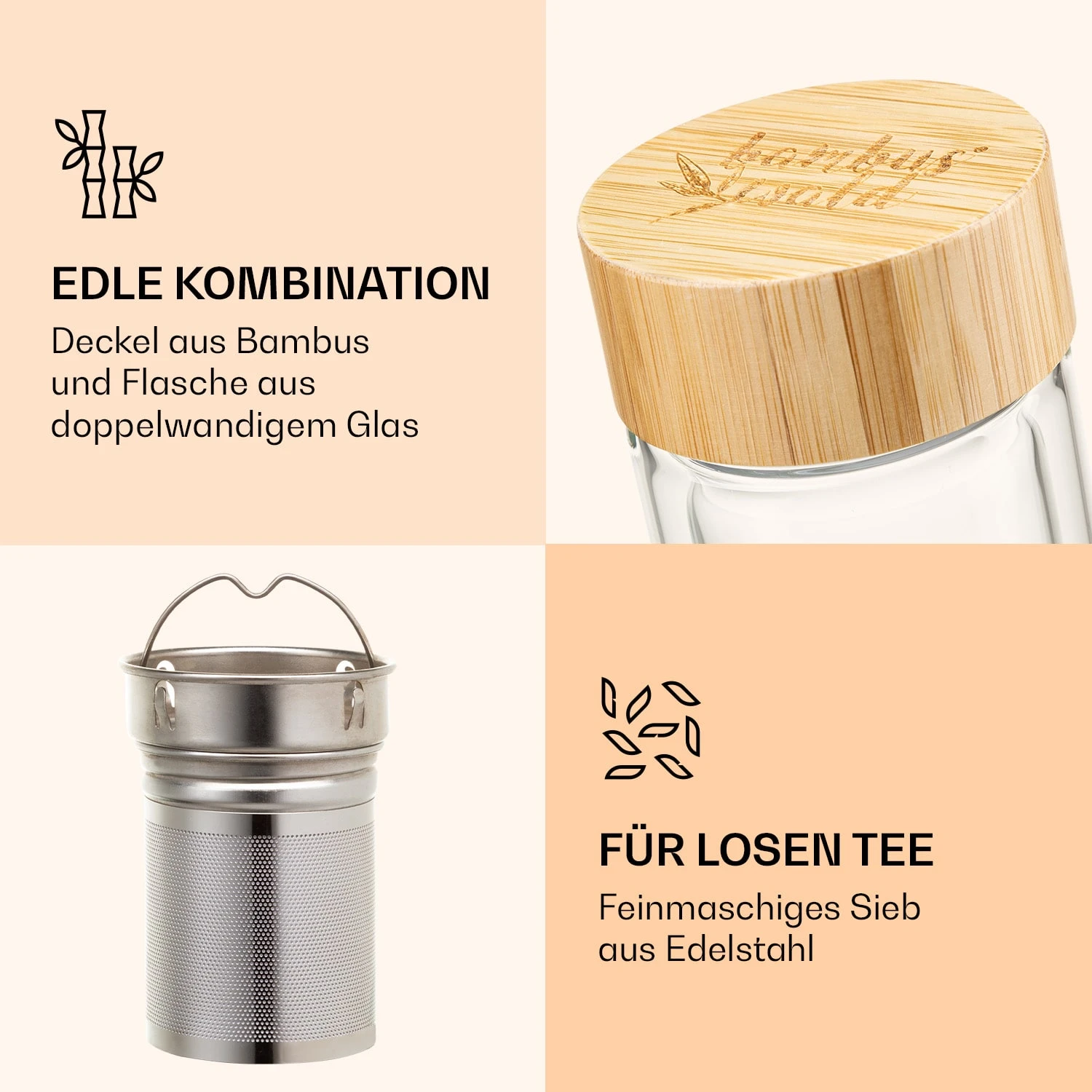 Teeflasche Mit Deckel Und Sieb 500 Ml Doppelwandiges Glas Bambus Hülle 5 Teeflasche Mit Deckel Und Sieb 500 Ml Doppelwandiges Glas Bambus Hülle – Bild 3