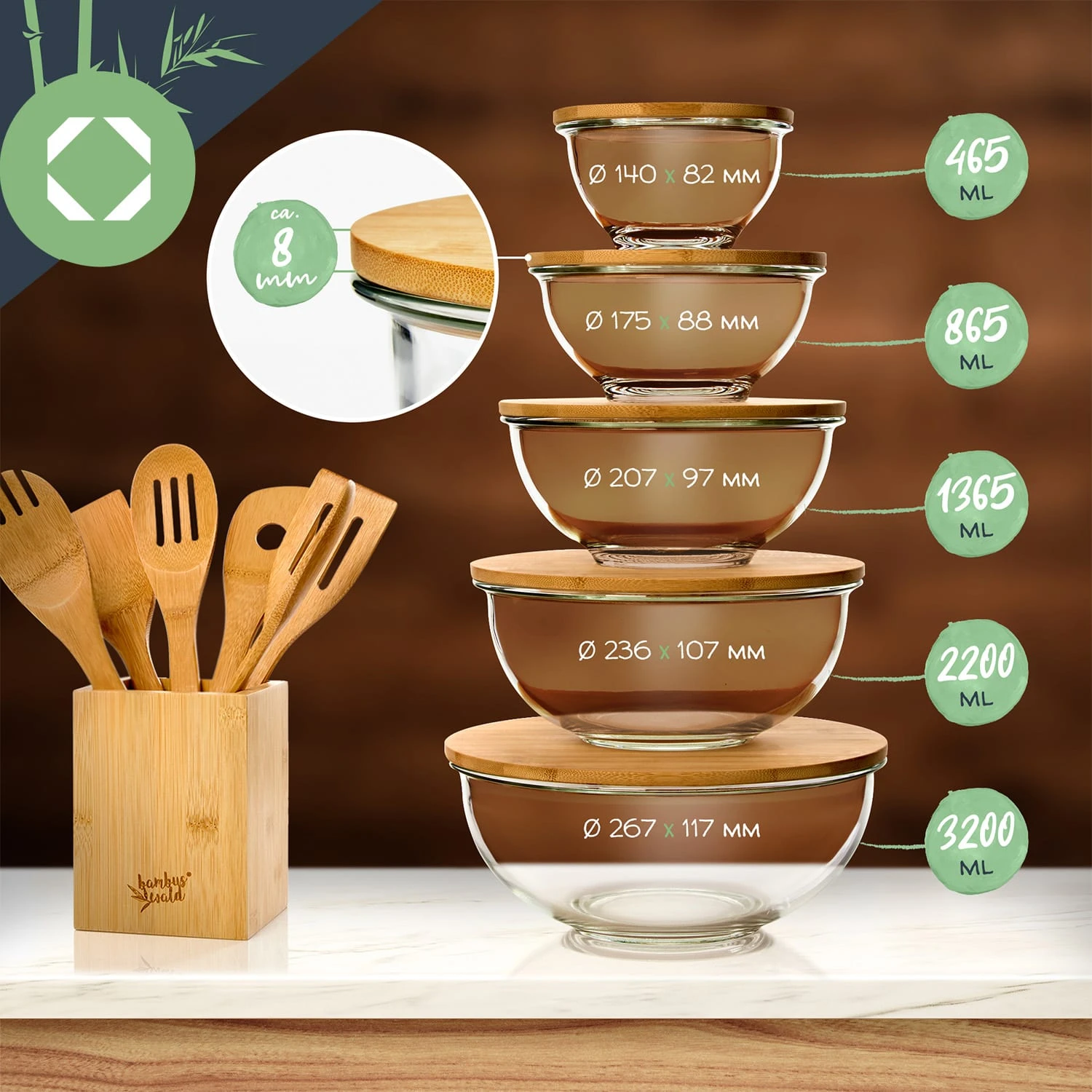 Glasschüssel 5er-Set Bambusdeckel Verschließbar BPA-frei Stapelbar 10 Glasschüssel 5er-Set Bambusdeckel Verschließbar BPA-frei Stapelbar – Bild 8