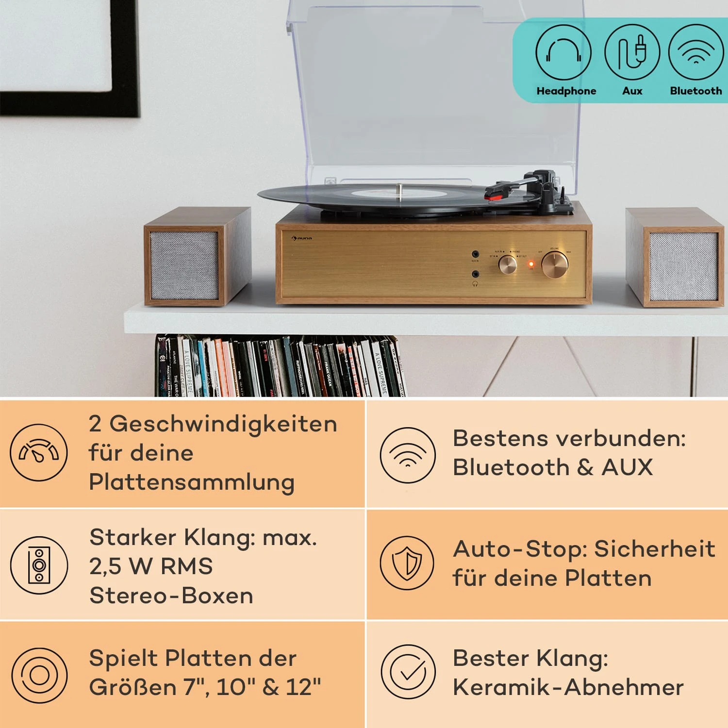 Berklee TT Play Plattenspieler Riemenantrieb 33 1/3 & 45 U/min Stereo-Lautsprecher 4 Berklee TT Play Plattenspieler Riemenantrieb 33 1/3 & 45 U/min Stereo-Lautsprecher – Bild 2