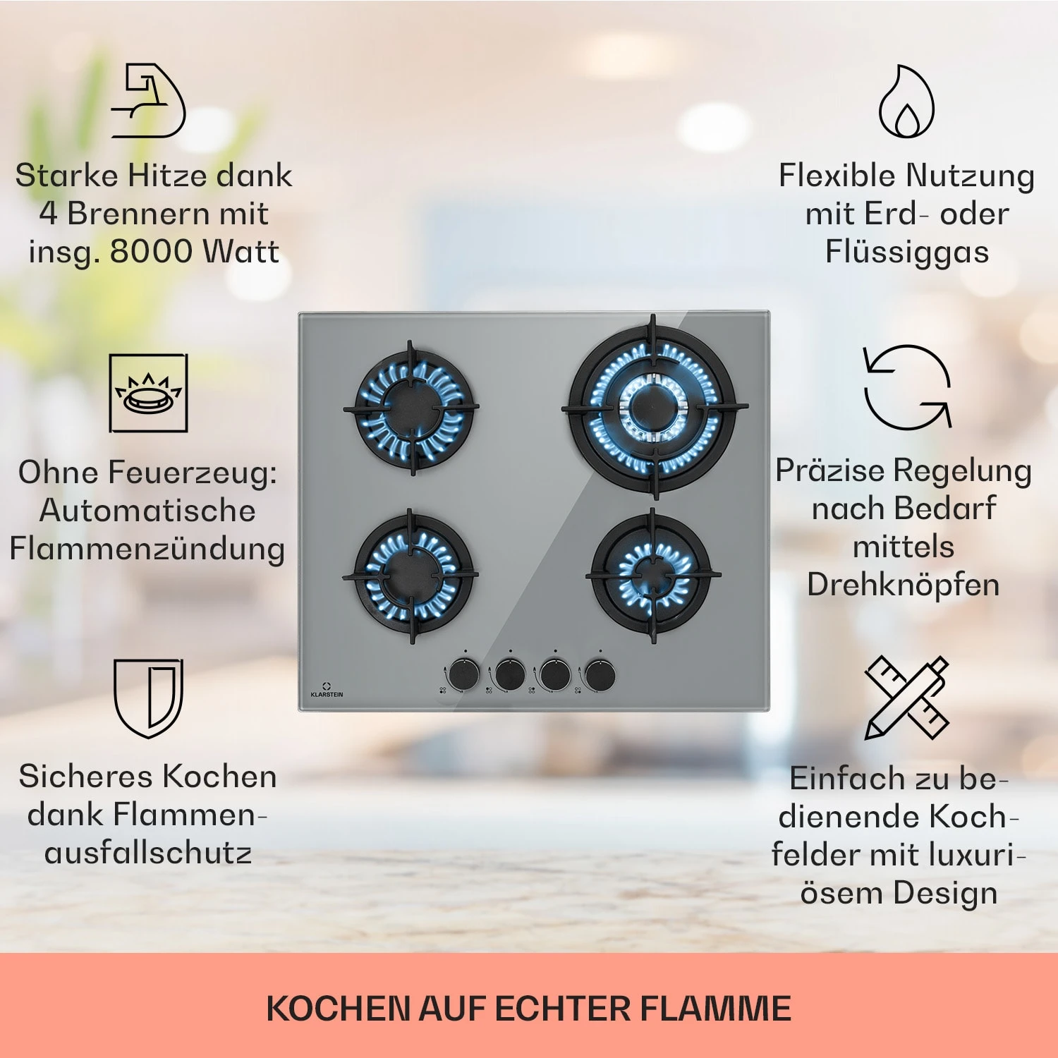 Firetale Gaskochfeld 4-flammig 60 Cm Aluminium-Brenner Inkl. Schlauch Und Druckminderer 4 Firetale Gaskochfeld 4-flammig 60 Cm Aluminium-Brenner Inkl. Schlauch Und Druckminderer – Bild 2